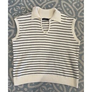 Classic V-Neck Collared Sweater Vest Womens Black White Small Stripe Business XL